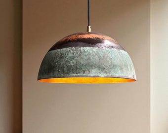 Handmade Copper Pendant Light Green patina, vintage Oxidized Dome Ceiling Light, Round Rustic Copper Farmhouse Kitchen Island Light Fixture