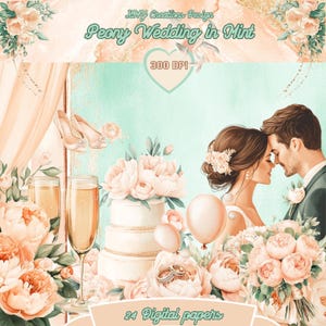 Aquarell Hochzeit Digital Papier Set | Pfingstrose in Pfirsichtönen | Hintergrund Minze | Hochzeitseinladungen | Scrapbooking | Braut und Bräutigam