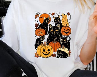 Halloween Black Cat Pumpkin Shirt: Cozy Fall Cotton Blend Tee