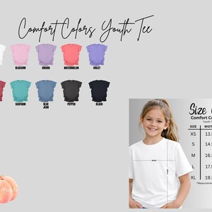 The image is a collage of various images, including a young girl wearing a white t-shirt, a size chart for different color options, and a list of color options for a youth t-shirt.