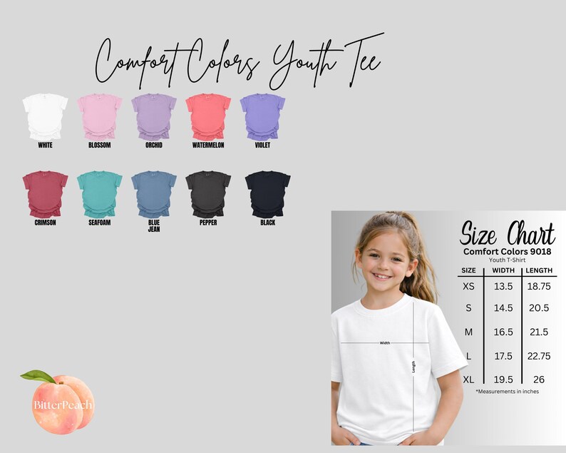 The image is a collage of various images, including a young girl wearing a white t-shirt, a size chart for different color options, and a list of color options for a youth t-shirt.