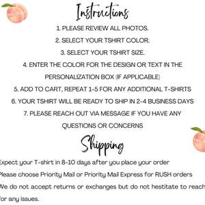 instructions for ordering a personalized T-shirt, including details on how to place an order, select the shipping method, and communicate any issues.