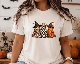 Boho Ghost Halloween Shirt, Cute Ghost Trio Tee, Leopard Ghost Shirt, Pumpkin Ghost Graphic Tee, Spooky Season Fall Shirt, Halloween Gift