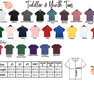 a collection of colorful toddler and youth t-shirts, each with different colors and designs, arranged in a grid format.