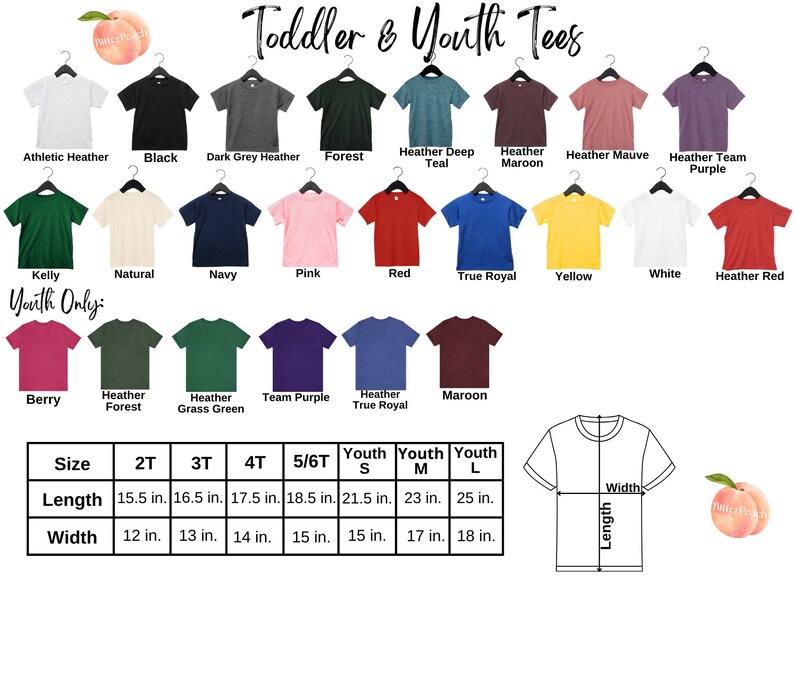 a collection of colorful toddler and youth t-shirts, each with different colors and designs, arranged in a grid format.