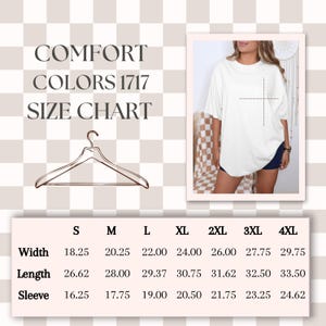 The image is a size chart for a white shirt, with a woman wearing the shirt and a hanger visible. The chart provides measurements for different sizes, including S, M, L, XL, 2XL, 3XL, and 4XL.