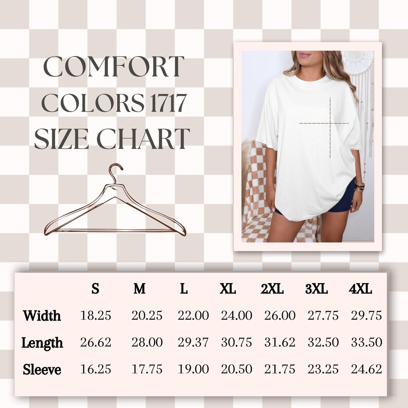 The image is a size chart for a white shirt, with a woman wearing the shirt and a hanger visible. The chart provides measurements for different sizes, including S, M, L, XL, 2XL, 3XL, and 4XL.