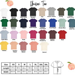 The image is a color palette of various t-shirt designs, including different colors and patterns, along with their corresponding sizes and widths.