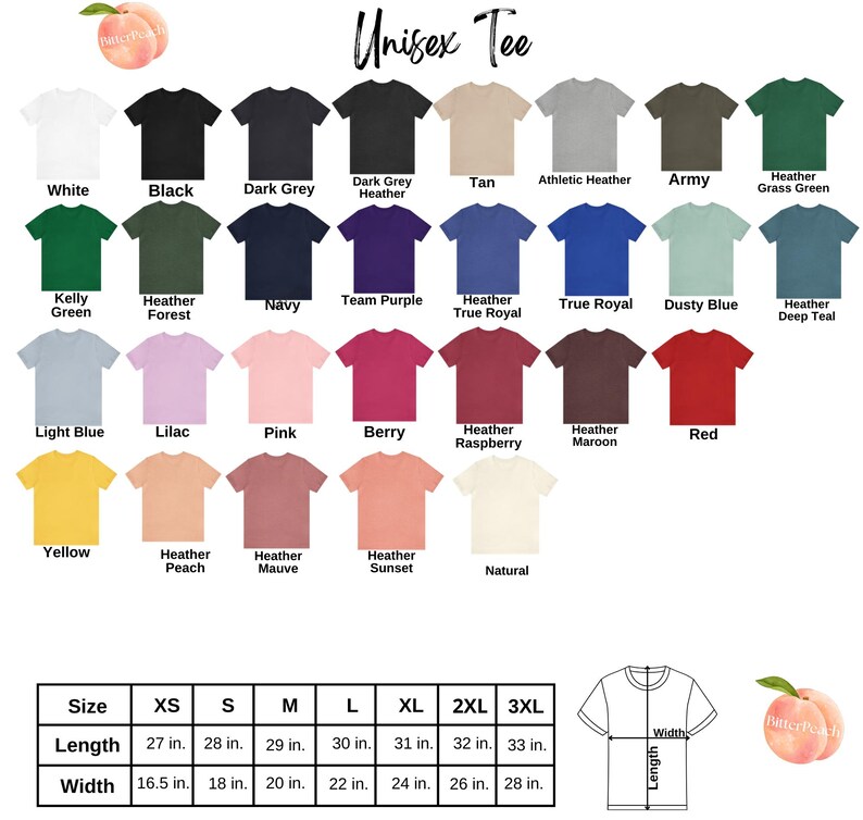 The image is a color palette of various t-shirt designs, including different colors and patterns, along with their corresponding sizes and widths.