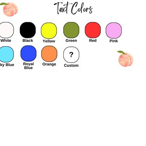 a collection of text colors, including white, black, yellow, green, red, pink, sky blue, royal blue, and custom colors. There are also illustrations of peach and orange shapes, and a question mark. The image is not a single scene but rather a collage of multiple images.