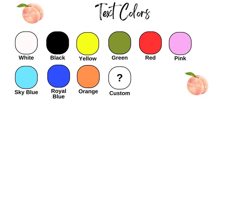a collection of text colors, including white, black, yellow, green, red, pink, sky blue, royal blue, and custom colors. There are also illustrations of peach and orange shapes, and a question mark. The image is not a single scene but rather a collage of multiple images.