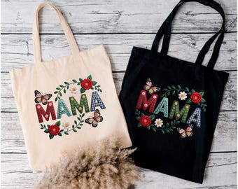Mama Tote Bag: Retro Floral Embroidery Look, Heavy Canvas Shoulder Bag