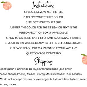instructions for ordering a personalized T-shirt, including details on how to place an order, select the shipping method, and communicate any issues.