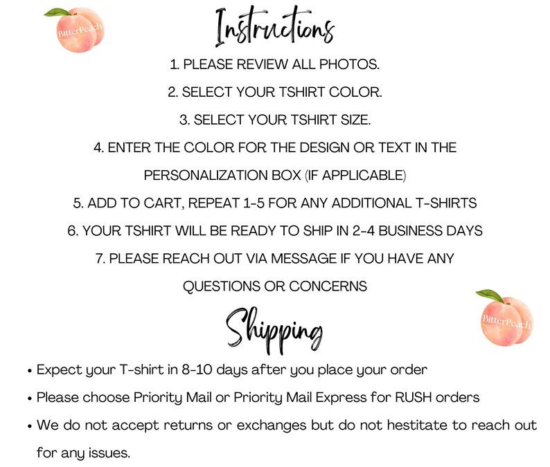 instructions for ordering a personalized T-shirt, including details on how to place an order, select the shipping method, and communicate any issues.