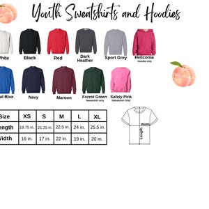 a collection of youth sweatshirts and hoodies in various colors and sizes, along with a size chart and a drawing of a t-shirt.