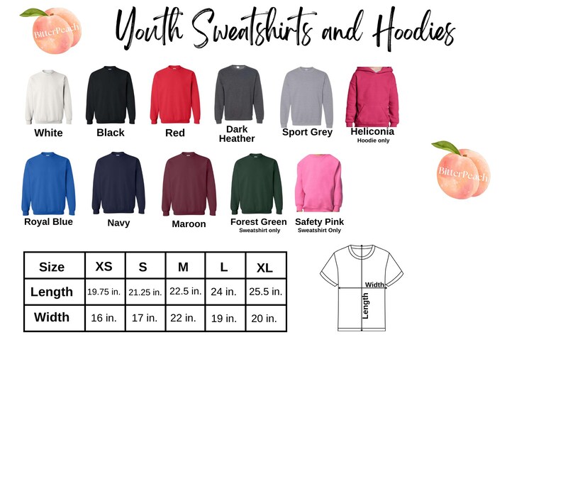 a collection of youth sweatshirts and hoodies in various colors and sizes, along with a size chart and a drawing of a t-shirt.