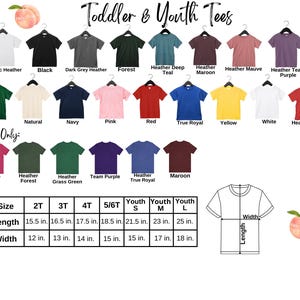 a collection of colorful toddler and youth t-shirts, each with different colors and designs, arranged in a grid format.
