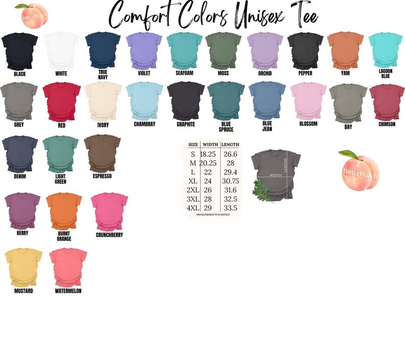 a variety of colorful t-shirts, each with different sizes and styles, arranged in a grid format.