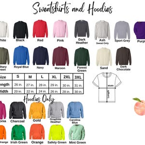 a collection of various sweatshirts and hoodies in different colors and sizes, along with their corresponding measurements.
