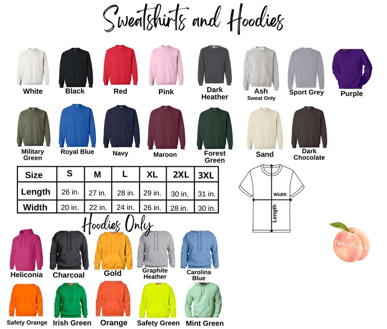 a collection of various sweatshirts and hoodies in different colors and sizes, along with their corresponding measurements.