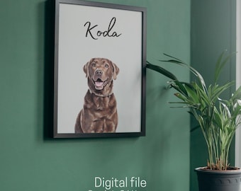 May include: A framed digital illustration of a brown dog with the name "Koda" written above it. The background is white and the frame is black.