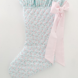 Floral Print Ruffled and Quilted Christmas Stocking (small). Baby’s First Christmas Stocking