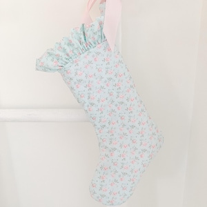 Floral Print Ruffled and Quilted Christmas Stocking (small blue). Baby’s First Christmas Stocking
