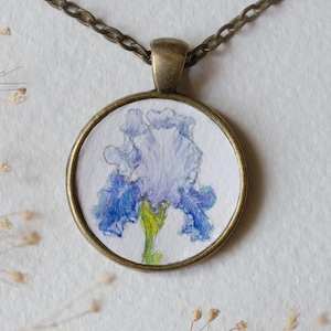 Iris necklace Iris flower pendant Hand painted Iris necklace Watercolor iris necklace Iris painting Flower lover gift Spring flower necklace