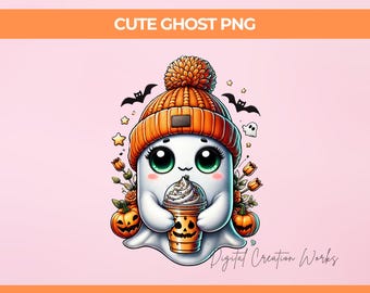 May include: A cute cartoon ghost illustration wearing an orange knit cap, holding a pumpkin-themed coffee cup. The image includes bats, stars, and pumpkins, with the text "CUTE GHOST PNG" and "COMMERCIAL USE CLIPART".