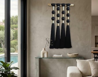 Modern Macrame Wall Hanging, Black and Gold Fiber Art, Large Tassel Wall Decor, Japandi Boho Chic Home Decoration, Luxury Textured Wall Art