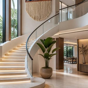 May include: A grand, modern interior featuring a curved staircase with integrated lighting. A large potted plant sits near the stairs. A decorative wall hanging with a rug design and fringe adds a touch of elegance. The space is bright and airy.