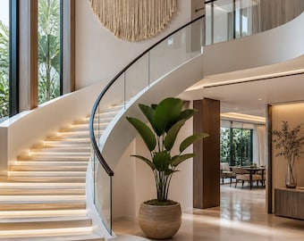 May include: A grand, modern interior featuring a curved staircase with integrated lighting. A large potted plant sits near the stairs. A decorative wall hanging with a rug design and fringe adds a touch of elegance. The space is bright and airy.