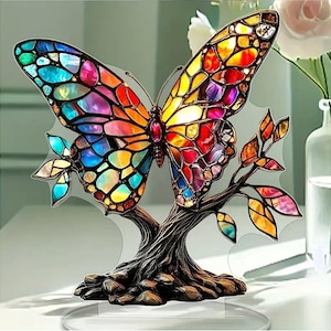 Cross-border Art Deco Acrylic Butterfly Tree of Life Plaque Painting Glass Style Desktop Decorations Ornaments  - for Art & Decor