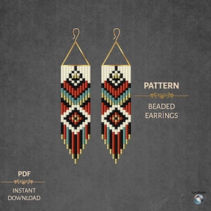May include: A pair of long, rectangular beaded earrings featuring a geometric pattern in cream, black, red, and teal. The design includes a gold-toned hook at the top. Text on the right reads PATTERN BEADED EARRINGS, and text on the left reads PDF INSTANT DOWNLOAD.