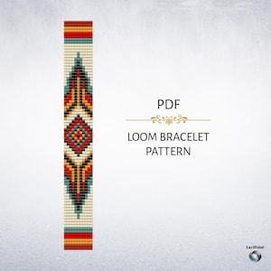 May include: A loom bracelet pattern in PDF format. The design features a central diamond shape in red, black, and orange, with a cream background. The pattern includes text that reads "LOOM BRACELET PATTERN."