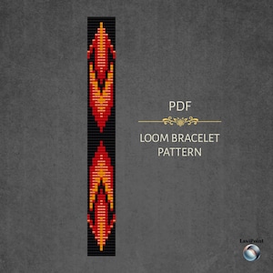May include: A black loom bracelet pattern with a geometric design in red, orange, and yellow. The pattern is a PDF and includes the text "LOOM BRACELET PATTERN".