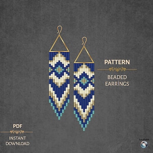 May include: A pair of beaded earrings with a geometric pattern in shades of blue, white, and gold. The earrings have a triangular gold-colored top and a rectangular beaded design. The image also includes the text "PATTERN" and "BEADED EARRINGS".
