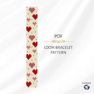May include: A loom bracelet pattern featuring a repeating design of red and pink pixelated hearts on a cream background. The text "PDF LOOM BRACELET PATTERN" is displayed in black.
