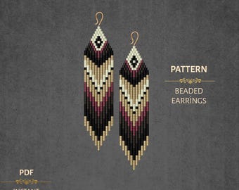 Brick Stitch and  Fringe  Beaded Earrings Pattern PDF -  Miyuki Round Beadwork