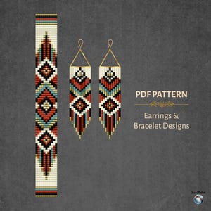 May include: A PDF pattern for earrings and bracelet designs featuring a geometric beadwork motif in cream, red, black, and teal. The graphic displays a long rectangular bracelet strip and two triangular fringe earrings with gold-toned hooks.