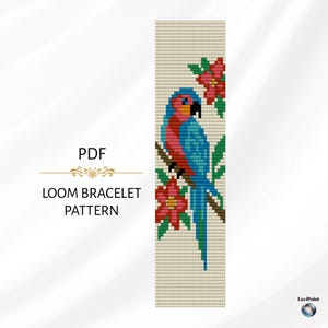 May include: PDF loom bracelet pattern featuring a blue and red parrot with green leaves and pink flowers on a beige background.