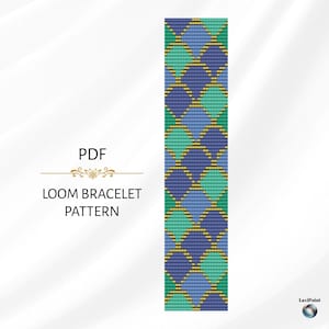 May include: A PDF loom bracelet pattern featuring a repeating design of blue and teal fan shapes with gold accents. The pattern is displayed vertically against a white background. Text includes "PDF" and "LOOM BRACELET PATTERN".
