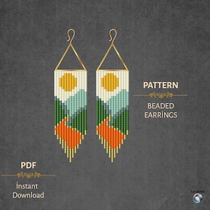 May include: A pair of beaded earrings with a landscape design. The earrings feature a yellow sun, blue mountains, green trees, and orange accents. The earrings are rectangular with a gold triangle and hook at the top. The words "PATTERN" and "BEADED EARRINGS" are visible.