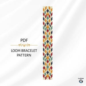 Puede incluir: Un patrón de pulsera de telar PDF con un diseño geométrico. El patrón presenta un diseño repetitivo de cuentas rojas, verde azulado, azul marino, naranja y crema. El texto "PDF" y "LOOM BRACELET PATTERN" se muestra en negro.