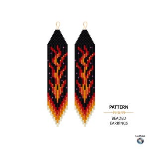 May include: A pair of beaded earrings featuring a flame design. The earrings are black with a pattern of red, orange, and yellow beads. They have gold-coloured hooks and are labelled "PATTERN" and "BEADED EARRINGS".