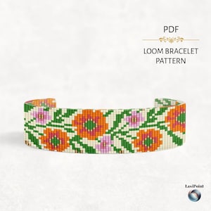 Orange Floral Loom Bracelet Pattern - Flower Bead Design - Miyuki Delica 11/0 PDF Download