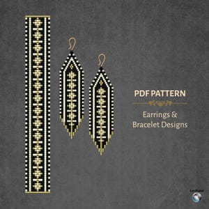 May include: A digital PDF pattern for earrings and bracelet designs. The image shows a beaded bracelet and two beaded earrings in black, white, and gold. The earrings have a teardrop shape with gold hooks. The bracelet is a long, rectangular shape.