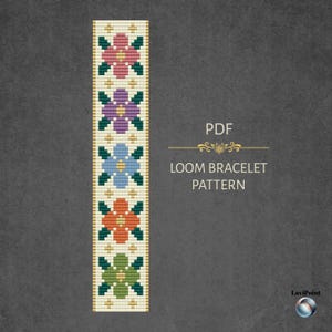 Puede incluir: Un patrón PDF de pulsera de telar con un diseño floral. El patrón muestra flores en rosa, morado, azul, naranja y verde, sobre un fondo crema. También se incluye el texto "PDF LOOM BRACELET PATTERN".