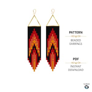 May include: Two beaded earrings with a black background and a flame-like design in red, orange, and yellow. The earrings have gold-colored triangular tops and hooks. The text "PATTERN", "BEADED EARRINGS", "PDF", and "INSTANT DOWNLOAD" is visible.