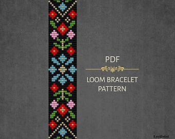Floral Loom Bracelet Pattern: Red Flower, Miyuki Delica Bead Design (PDF Download)